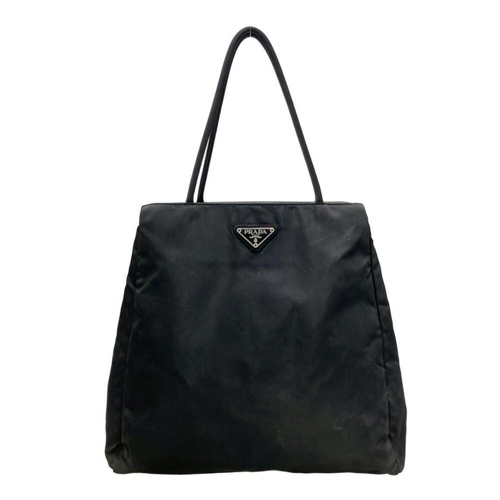 Prada Tessuto City Tote Bag signature enameled triangle logo plaque Black